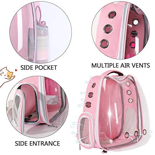 Pink Bird Backpack Carrier with Portable Bird Feeder Cups, Pet Bubble Carrier for Pet Birds, Airline-Approved, Ventilate Transparent Space Capsule Carrier Backpack for Travel, Hiking and Outdoor Use