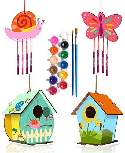 Home Composer 4 Pack DIY Bird House Wind Chime Kits for Children to Build and Paint, Wooden Arts and Crafts for Kids Girls Boys Toddlers Ages 8-12 4-6 6-8