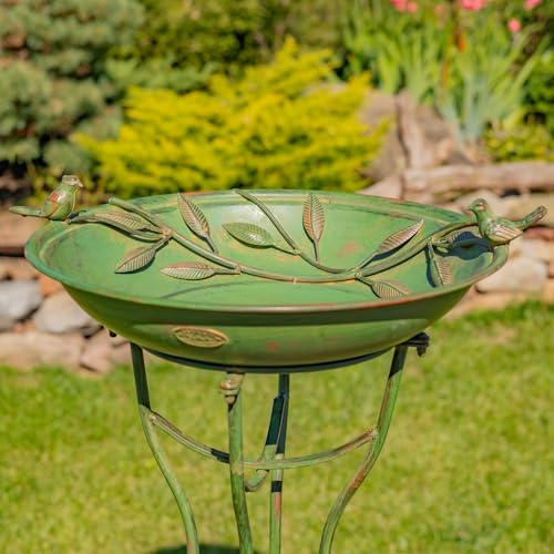 Zaer Ltd. Deep Well Made Metal Birdbath with 2 Cast Iron Birds and Leaf Decoration (Verdi Green) - color: Verdi Green