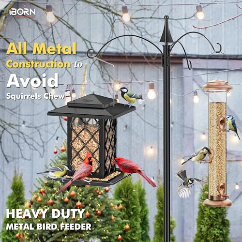 iBorn Bird Feeders for Outdoors, Metal Bird Feeder, Wild Bird Feeders for Cardinal, 2.4LBS Capacity,18cm Large Roof, Lantern Style, Black - color: Black