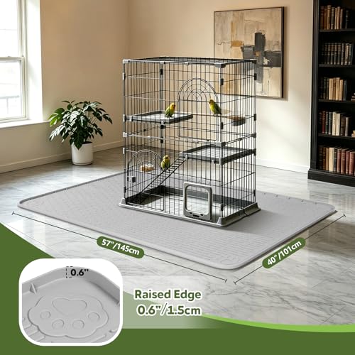 Silicone Bird Cage Mat 57" x 40" Under Crate Floor Protector, Light Grey | Extra Large Waterproof Bird Cage Liner with Raised Edges, Non-Slip Under Crate Mat for Dog Cages, Kennels, Reptile Aquariums - color: Light Gray, size: 57"x40"