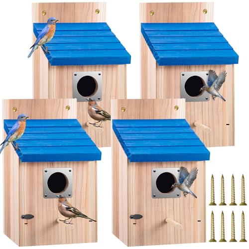 Dreyoo 4 Pack Bluebird Houses for Outside, 1-1/2'' Entrance Hole Wooden Bluebird Houses for Outdoors with Metal Guard, Secure Latch, Fledgling Grooves, Air Vents (Blue Roof with Wood Body)
