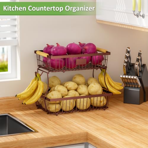 2 Tier Fruit Basket for Kitchen Counter with 2 Banana Hangers, Countertop Metal Bread Basket with Wooden Handle, Large Storage Stand for Vegetables, Snacks, Eggs, Produce Storage – Brown - color: Brown, size: 2 Tier