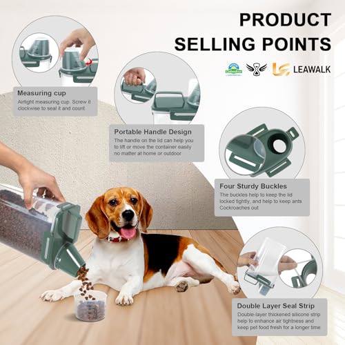 LEAWALK 3-5Lbs/3Qt Dog Cat Food Storage Container With Foldable Bowl, Plastic Pet Food Dispenser for Small Animal Kibble/Pet Food/Bird Seed/Oatmeal/Rice/Flour/Brown Sugart/Cereals (Dark Green) - color: Dark Green, size: 3L-1pack