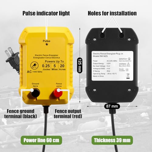 Electric Wire Fence Kit, 5 Mile 110VAC 0.25 J Plug in Fence Charger with 3366 FT Polywire, 40 T Post Insulators, 20 Screw in Insulators for Pasture Farm Horse Cattle Poultry Fencing - size: 3366FT, style: 0.25J