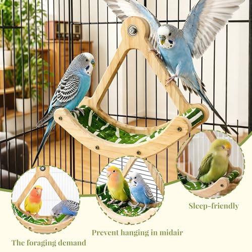 FlidRunest Upgrade Bird Perch Toy with Hammock, Interactive Rocking Parakeet Foraging Toys Green Fabric Mat Hammock, Wooden Exercise Wheel Birds Enrichment Toy Cage Accessories for Budgies Conure