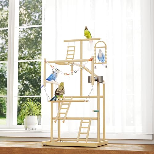 PawHut Bird Playground 4 Layer Wooden Parrot Play Stand for Parakeets | Ladders, Chain Toy, Stainless Steel Cups and Tray, Bird Cage Accessories, for Cockatiels, Finches, Lovebirds, Budgie