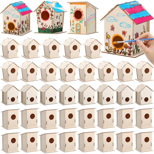 DoubleFill 24 Pcs Bulk Wooden Bird Houses Kits for Kids Mini Bird House for Craft DIY Unfinished Wood Birdhouse to Paint, Build for Children Wooden Arts Classroom Activity, 3 Styles