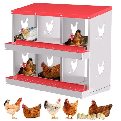 Garvee 6-Compartment Metal Chicken Nesting Box, Rustproof Galvanized Steel with Ventilated Holes, Removable Trays & Sturdy Bracket Legs, Easy Egg Collection - Red - color: Red, size: 6 Compartments
