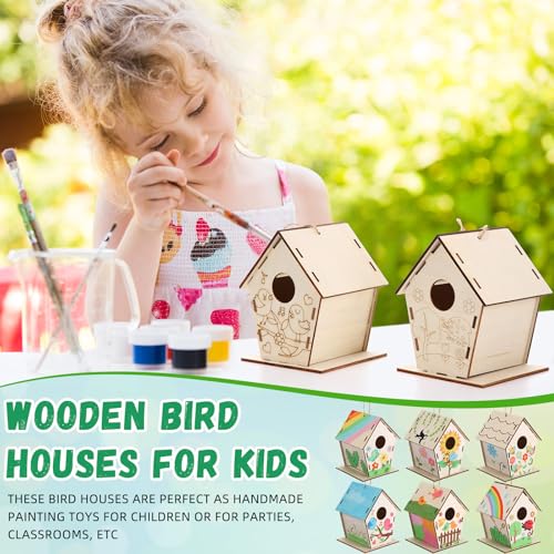 DoubleFill 24 Pack Wooden Bird House Bulk for Kids Birdhouse Kit Wood Houses for DIY Unfinished Hanging Birdhouse Kits, Wooden Craft Houses to Paint Family Camping Summer Crafts
