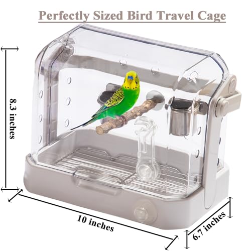 Bird Travel Cage, 10×6.7×8.3 Inches Waterproof & Sturdy Pet Carrier with Perch & Food Bowls, Portable Cage for Budgies, Cockatiels, Lovebirds & Small Birds