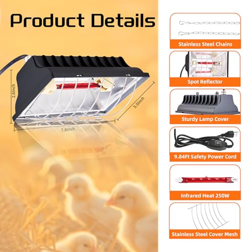 Chicken Coop Heat Lamp 250W Brooder Heating Plate for Chicks Hanging Light Heated Adjustable Temp with Anti-Fall Aluminum Alloy Lamp Shade Suitable for Poultry, Livestock & Small Pets - color: Black