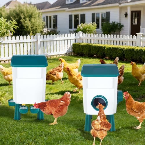 Auto No Waste Chicken Feeder and Waterer Set 2 Gallon/17.6 Pounds | Sturdy & Durable Chick Feeder and Waterer Set, Poultry Feeder Large for Hens/Ducks/Poultry - color: Blue