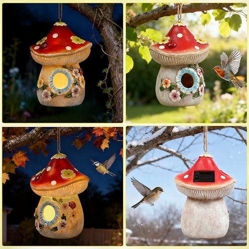 Garden Bird Houses for Outside with Solar Light, Bird Houses for Outside Hanging, Decorative Mushrooms Birdhouse for Bluebird Hummingbird Sparrow, Hummingbird Gifts for Women