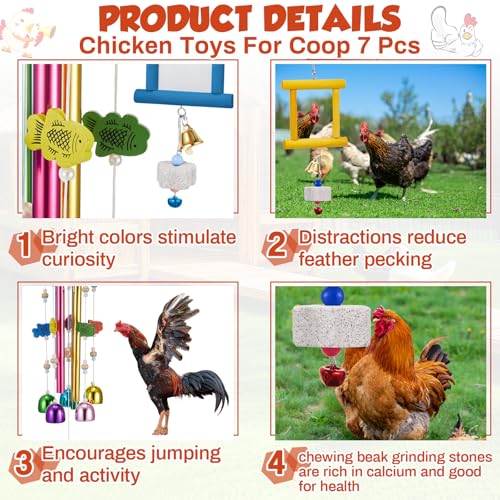 VioraWhite 7 Pcs Chicken Toys, Hanging Chicken Wind Chime, 2 Pcs Coop Mirror Toys with Bells 4 Pack Beak Grinding Stones, Musical Coop Accessories for Hens Roosters Chicks Poultry Birds(Yellow，Blue) - color: Yellow，blue