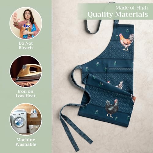 Maison d' Hermine Aprons for women with Pocket 100% Cotton (27.50"x31.50") | Adjustable Neck Strap & long ties Apron Men Chef Wedding Cooking Gardening Server Maid - color: 066 - Meadow Rooster