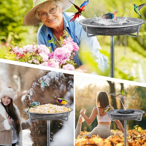 Metal Bird Bath for Outdoors Garden Birdbath Bowl, 36.2" Height Freestanding Bird Feeders for Outside with 4 Prongs Base Stake, Standing Birdfeeders for Yard Lawn Decor (Retro Silver) - color: Retro Silver