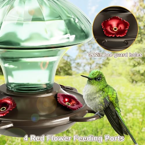 Auslar Glass Hummingbird Feeders for Outdoors Hanging, Green, 15 Oz | Hummingbird Feeder with Ant Moat & 4 Anti-Bee Feeding Ports, Ant and Bee Proof, Leakproof, Easy Clean and Fill, Garden Decor - color: Green