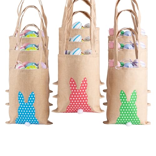 9 Pcs Easter Burlap Bags,Bunny Gifts Bags with Handles,Easter Jute Basket Goody Bags,Reusable Grocery Candy Bag Gifts for Easter Egg Hunt Party Supplies