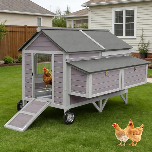 Extra Large Mobile Chicken Coop with Wheels – Outdoor Hen House for 6-8 Chickens, Weatherproof Asphalt Roof, Sectionable Nesting Box with Pull-Out Tray - color: Grey, size: 68.1"L x 53.9"W x 49.0"H