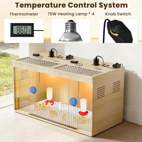 Brooder Box for Chicks, 32 Inch Wooden Large Chicken Brooder Box with 75W Heating Lamps, Thermometer, Chicken Feeder & Waterer Set, Tin Foil, Poultry Breeding Kit, for 12-15 Chicks Ducks Quail