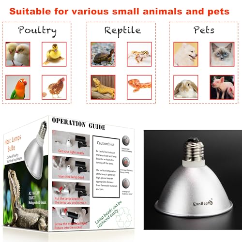 Heat Lamp for Chicken Coop Tiny Chicks Brooder, Basking Spot Flood Light White Bulbs Replaceable E26 Base 50 Watt Chick Heater for Reptile Pets Duckling Poultry Livestock
