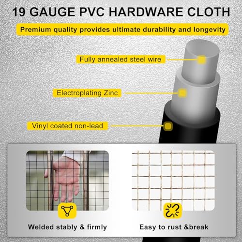 Black Hardware Cloth 16'' x 20' PVC Steel Vinyl Coated 1/2 inch Galvanized Wire Mesh Roll (19 GA) Chicken Wire Fence Roll, for coop Fences,Screen mesh, Rabbit/Snake Fences, Poultry enclosures, etc. - color: 19(GA)-1/2inch, size: 16In x 20Ft