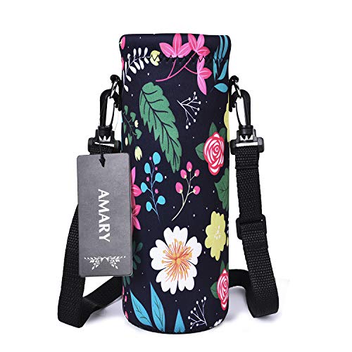 AMARY 500ML Neoprene Water Bottle Carrier Bag with Adjustable Shoulder Strap,Insulated Water Bottle Cover for Stainless Steel/Glass/Plastic Bottles 16.9OZ (Flowers-5) - color: Flowers-5