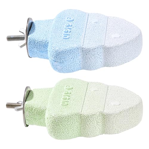 2 Pack Bird Beak Grinding Stone, Parrot Perch for Cage Volcanic Rock Mineral Bird Perch, Parrot Cage Accessories for Parakeets Budgies Cockatiels, Lovebirds Small to Medium Birds - color: Blue+Green