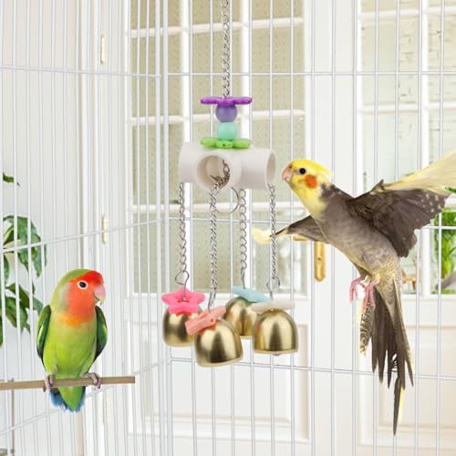 Hypeety Bird Bell Toy with Sweet Sound Cage Hanging Swing Bell for Parakeet | 4 brass bells with colorful beads, chewable for easy-hanging, encourages play and exercise, for small and medium bird, 8.66'' - color: Bell Toy-4 bells