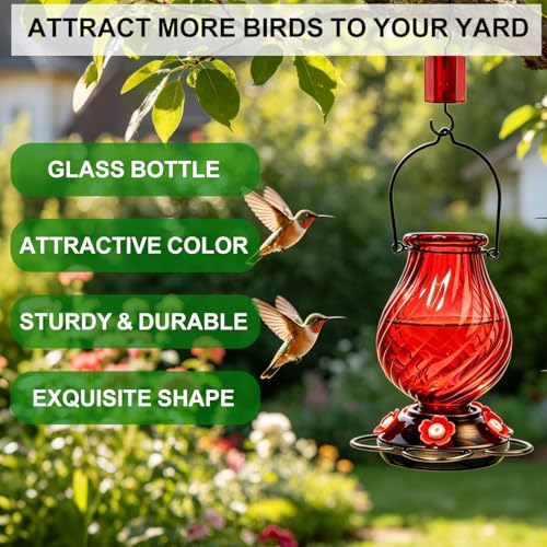 32 oz Glass Hummingbird Feeders for Outdoors Hanging,Large Capacity Hummingbird Feeder with Ant Moat and 5 Flower Feeding Ports,Birthday Gifts for Mom Dad,Outdoor Garden Decor,Red - color: Red-B
