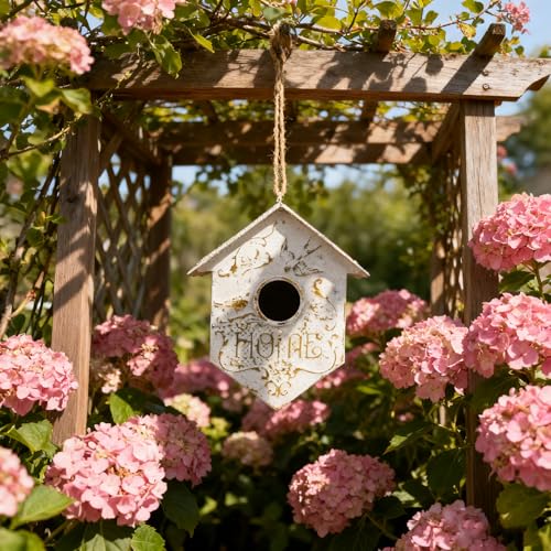 Vintage Metal Hanging Birdhouse, Decorative Bird House with Home Engraving, Distressed Design White and Gold Bird Home, Ideal for Outdoor Garden Decor - color: White-Home
