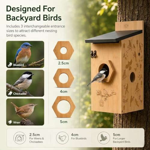 Smart Bird House with Camera, Wooden Birdhouse for Outdoor Bird Watching, App Live View, Color Night Vision, Motion Detection, 2-Way Audio, Waterproof Backyard Bird Nesting Box - color: Woodland Oak, size: Wired Edition