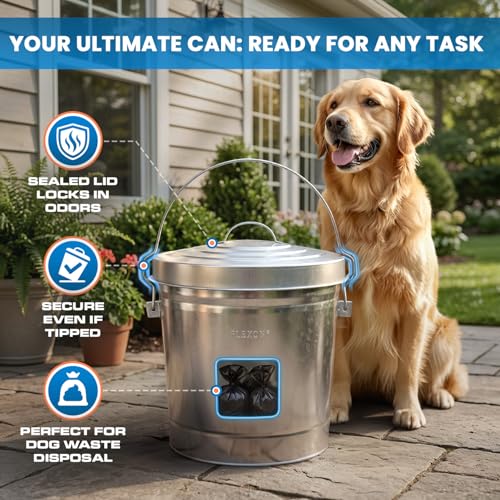 Plexon 6 Gallon Small Metal Trash Can with Lid Outdoor Locking Galvanized Metal Garbage Can with Lid for Poultry Feed Bird Seed Storage Ash Galvanized Bucket - size: 6-Gallon