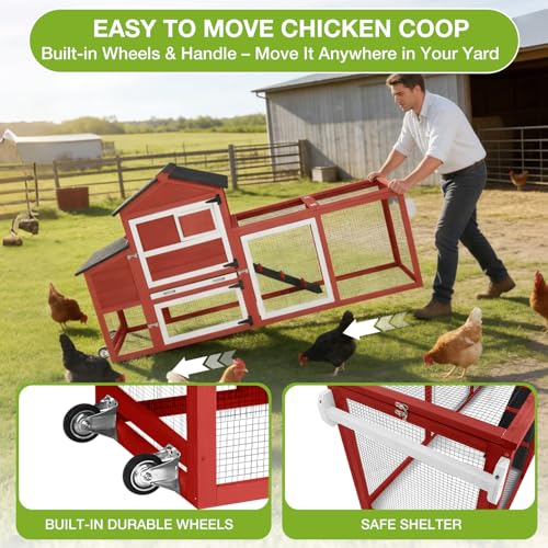GUTINNEEN Large Chicken Coop with Run for 4-6 Chickens, Mobile Chicken Coop with Wheels & Handle, Outdoor Wooden Hen House with Nesting Box, Removable Tray, Waterproof Roof, Poultry Cage-Red - size: 82.4"L x 25.8"W x 44.1"H-Red
