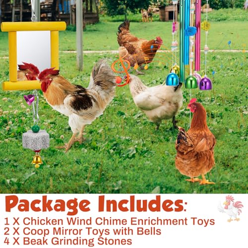 VioraWhite 7 Pcs Chicken Toys, Hanging Chicken Wind Chime, 2 Pcs Coop Mirror Toys with Bells 4 Pack Beak Grinding Stones, Musical Coop Accessories for Hen Rooster Chick Poultry Birds(Yellow, Purple) - color: Yellow, Purple