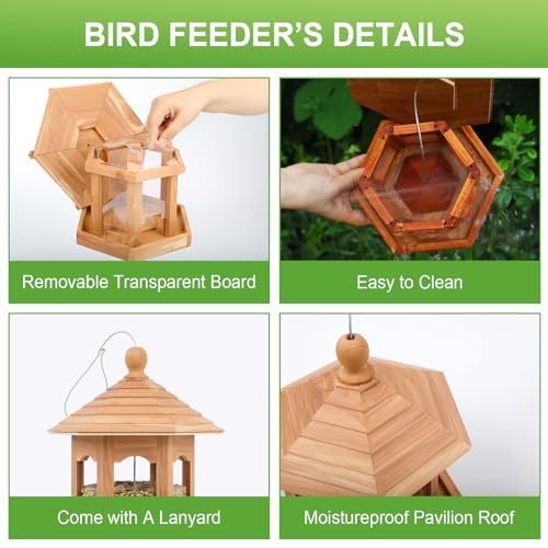 Wooden Bird Feeder for Outdoors Hanging, Red Cedar Hexagon Shaped Large Capacity, Cardinal Birdfeeder for Garden Decoration Yard, Weatherproof and Durable(Large) - size: Large
