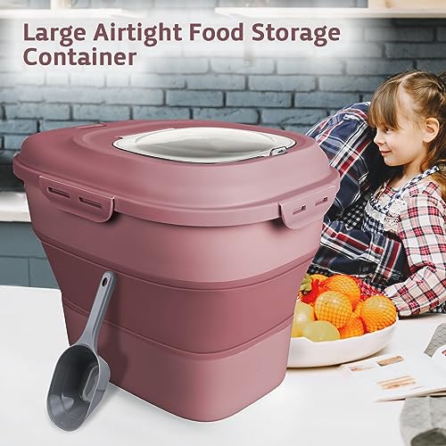 Rice Storage Bin Cereal Containers, 13-50lb Collapsible Rice Container Dispenser with Transparent Lid, Rolling Wheels, Measuring Cup and Scoop, Airtight Dog Cat Pet Food Storage Container Pink - color: Pink