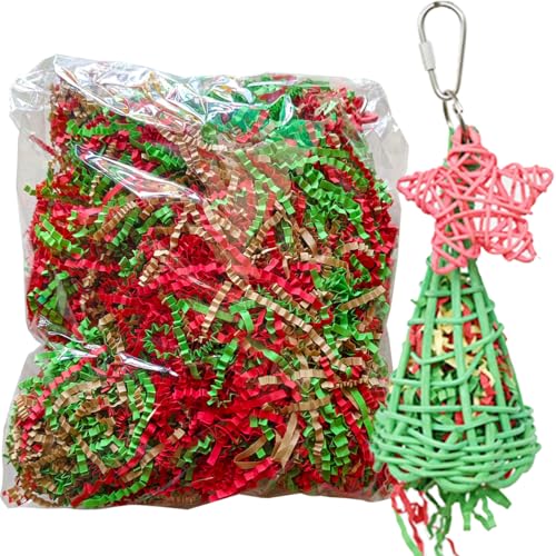 Foraging Toys with Extra Shredded Paper, Parakeet Chewing Hanging Toy, Bird Cage Accessories for Conure Cockatiel Budgies Lovebird Parrotlet - color: GREEN CONE