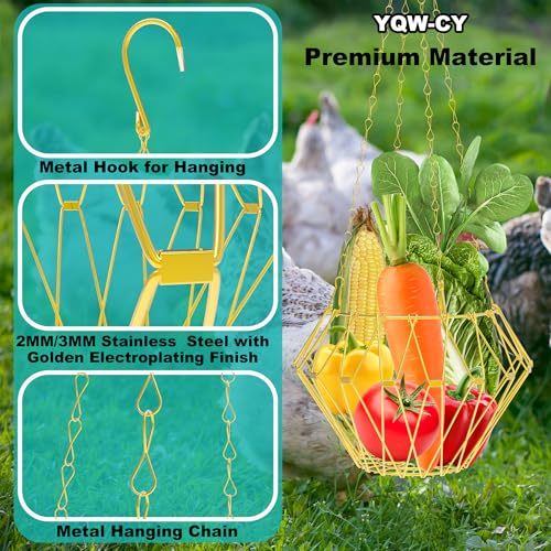 Hanging Chicken Feeder with Shepherd's Hook, Foldable Chicken Vegetable Feeder, Golden Poultry Fruits Feeding Holder Basket with Hanging Chain for Chicken Coop Accessory