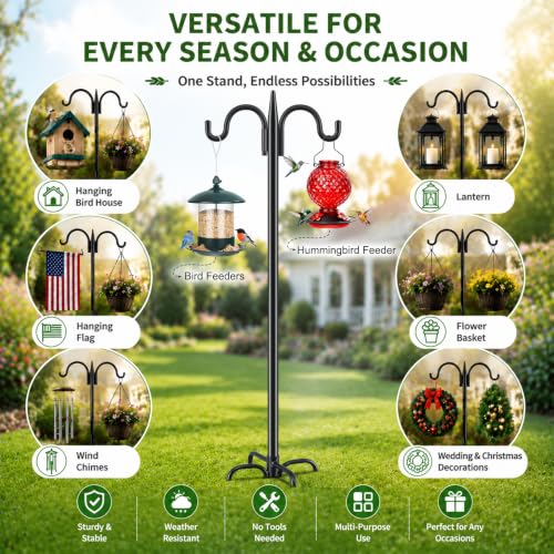 Gtongoko Bird Feeder Pole for Outdoors Heavy Duty, 2 Pack 92 Inch Double Shepherds Hook with 5-Prong Stable Base, 3/4 Inch Thick Hummingbird Feeder Stand for Hanging Plants, Lanterns - size: 92 Inch