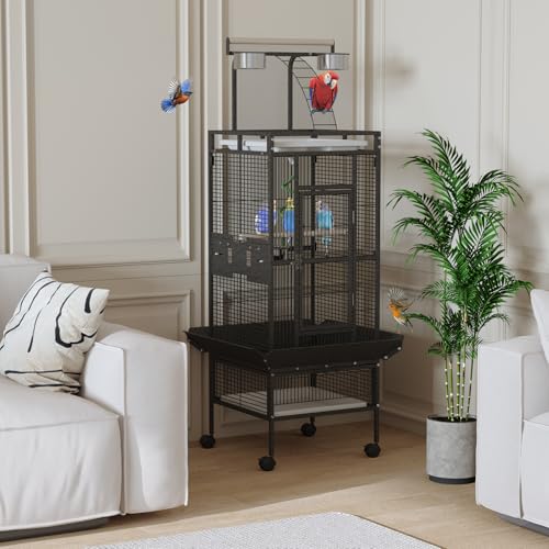 Garvee 60 inch Large Bird Cage with Rolling Stand, Metal Parrot Cage with Play Top & 4 Stainless Steel Bowls, Birdcage Pet House for Conure Cockatiel Parakeet Lovebird, Black | Play Top & 4 Stainless Steel Bowls, Rolling Birdcage Pet House for Conure Cock