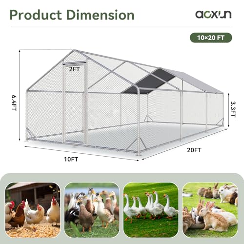 Aoxun Large Metal Chicken Coop, Outdoor Chicken Runs for Yard with Cover, Spire Roof Hen House Enclosure with Security Lock, Walk-in Cage Peak Hen House for Yard Farm (10x20x6.4 FT) - size: 240.0"L x 120.0"W x 76.8"H