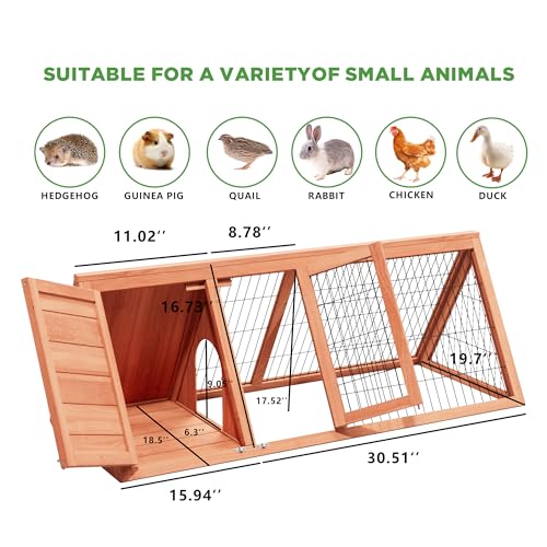Rabbit Hutch Bunny Cage Indoor Outdoor for Chickens, Quails, Ducks | Small Poultry Enclosure, Ventilating Wire Fence, Pull-Out Tray, A-Frame Design, Waterproof Roof - color: Natural Wood