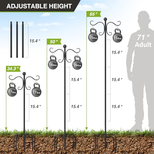 AOMGD 2 Pack 76 Inch Adjustable Double Shepherds Hooks for Outdoor Heavy Duty, Two Sided Garden Bird Feeder Pole for Hanging Plant Baskets, Solar Lights, Weddings Decor | Two Sided Garden Heavy Duty Bird Feeder Pole for Hanging Plant Baskets, Solar Lights
