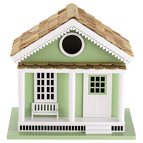 Decorative Wooden Birdhouse for Outdoor Hanging – Handcrafted Miniature Cottage Style with Blue Roof, Front Porch, and Balcony – Garden or Backyard Décor for Wild Birds (Green Lake House)
