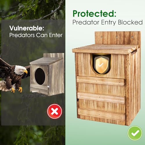 Owl House, Large Wooden Owl Nesting Box for Outside (8.7" x 7.5" x 14.2"), 3.3" Predator-Deterrent Entrance, Side Vent Holes & Bottom Drainage, Includes 2 Coco Liners, Easy Assembly
