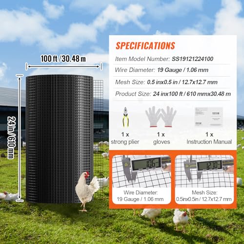 VEVOR Hardware Cloth, 24'' x 100' 1/2 inch Galvanized Wire Mesh Roll, 19 Gauge Chicken Wire Fencing Roll, Vinyl Metal Wire Mesh for Chicken Coop Barrier, Rabbit Snake Fences, Poultry Enclosures - size: 1/2inch 24'' x 100'