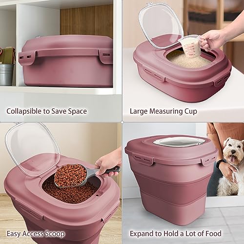 Rice Storage Bin Cereal Containers, 13-50lb Collapsible Rice Container Dispenser with Transparent Lid, Rolling Wheels, Measuring Cup and Scoop, Airtight Dog Cat Pet Food Storage Container Pink - color: Pink