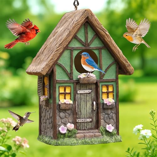 Bird Houses for Outside Rustic Cottage Birdhouse with Thatch Roof Hand-Painted Resin Birdhouses for Outdoors for Bluebird Finches Cardinals Bird Nesting Garden, Patio, Yard - color: Green